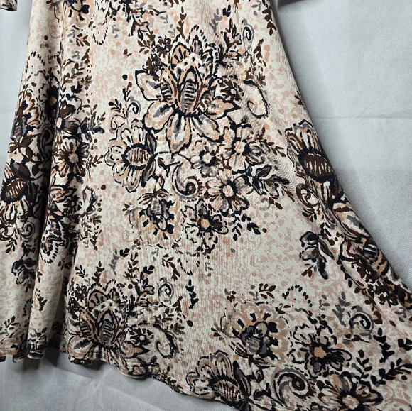 Garnet Hill Faux Wrap Dress Neutral Ivory Brown Floral Knee Length 3/4 Sleeve XS - Picture 7 of 12